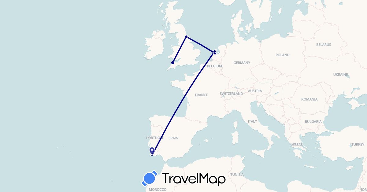 TravelMap itinerary: driving in United Kingdom, Netherlands, Portugal (Europe)